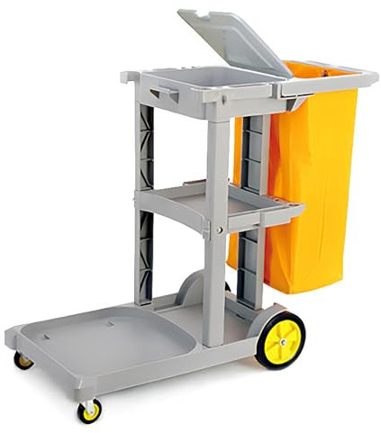 Commercial Traditional Cleaning 3-Shelf Janitorial Cart, Housekeeping Cart, Wheeled with Vinyl Bag and Cover w Lid,Gray