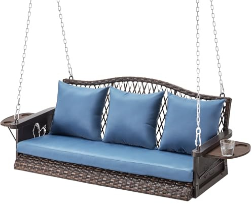 ZZW Upgraded Wicker Hanging Porch Swing Heavy Duty 900 LBS 3-Seat Outdoor Patio Swing Chair Bench for Adult w/ 8.9ft Hanging Chains Cushions and Cup Holder