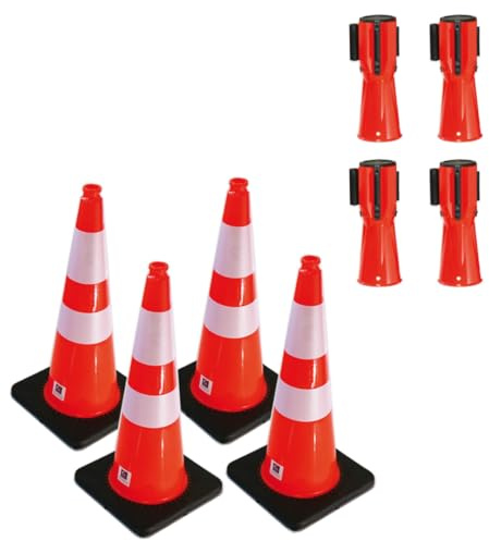 AUA SIGNALETIQUE - Kit Cônes De Signalisation Réfléchissant Classe 2 + Accessoires Balisage Sécurité Chantier (4xCônes + 4xEnrouleurs 3m, Cônes Hauteur 75 cm)