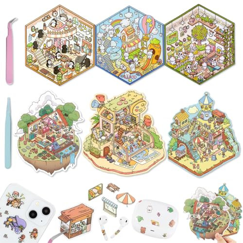 VICDUEKG 6 Sets DIY 3D House Stickers, Diy Miniature House Sticker, 3D Aufkleber mit 2 Pinzetten, Sticker Scenes Machen Sie Ihren Eigenen, Relief Stress für Erwachsene und Kinder