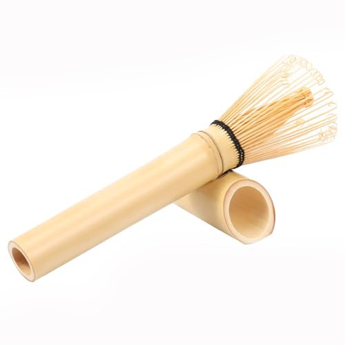 harupink Fouet à matcha à long manche, fouet en bambou avec support, fabriqué à la main en bambou naturel, chasen pour une mousse de matcha crémeuse parfaite, balai de 15 cm de long pour la plupart