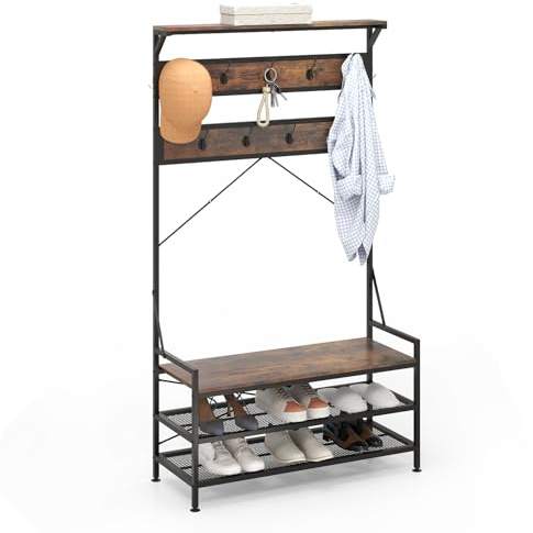 COSTWAY 4 in 1 Appendiabiti da Ingresso, Armadio con Panca per Scarpe Scarpiera a 2 Ripiani, Struttura in Metallo e Kit Antivibrazione, 102 x 40 x 184 cm (Marrone)
