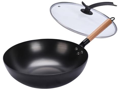 MYUYEE Padella Wok in Acciaio al Carbonio padelle per Saltare in Padella con Manico Che resta Freddo Fondo Piatto Senza Rivestimento Chimico Padella Cinese Wok per,con coperchio-32CM