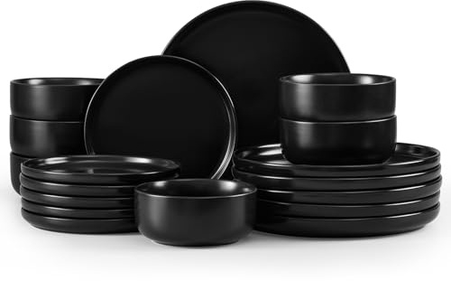 Homikit 18Pcs Dinner Set, Reactive Glaze Stoneware for 6, Matte Black | Round Shape Plates and Bowls Set for Kitchen Home Dinner Party, Non-Toxic & Scratch Resistant, Microwave and Dishwasher Safe