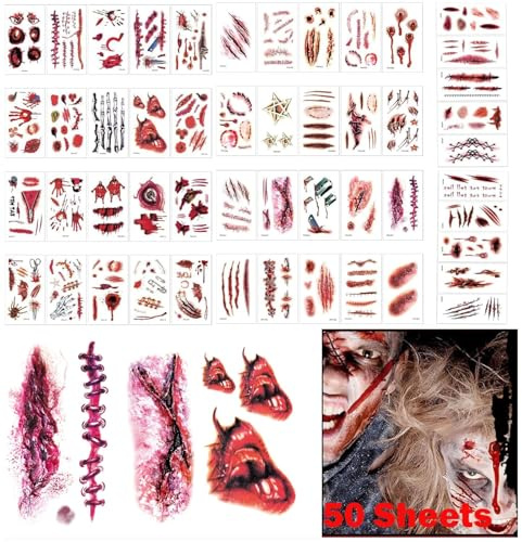 DINGFENG Halloween 280 Pcs 50 Tatouage Visage Maquillage Effrayant Adulte | Faux Sang Cicatrice Temporaire Waterproof Accessoires Femme Zombie Horreur Cosplay Feuilles