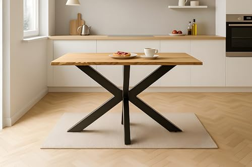 SAM Esstisch Salvador | 140 x 80 cm | Eiche massiv + geölt | Baumkante | Spider-Gestell Metall Schwarz | pflegeleichter Esszimmertisch/Küchentisch/Eichenholz-Tisch/Holztisch aus Wildeiche