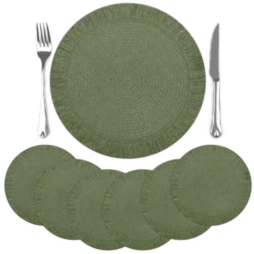 comfoyar Set di 6 Tovagliette Americane Verde Rotondo Intrecciato, Antiscivolo in Carta Tovagliette Americane con Nappina Lunga Resistente al Calore per Cucina Decorazione, Tavola di Feste 38x38cm