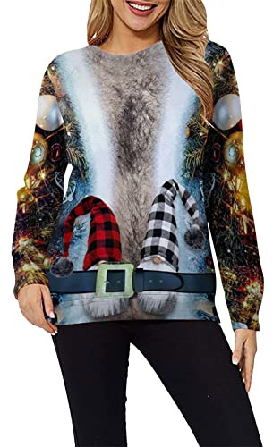 Generisch Jersey de Navidad para mujer, divertido y feo, suéter navideño para mujer, impresión 3D, divertido, estampado, suéter de vacaciones, sudadera fea para fiestas, gris, M