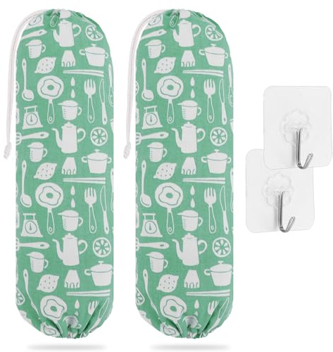 2-Pcs Plastic Bag Holder, Carrier Bag Storage, Hanging Carrier Bag Holder, Storage Bag Holder with Drawstring, Washable Foldable Grocery Bag Dispenser, Wall Mount for Home Office Kitchen Warehouse