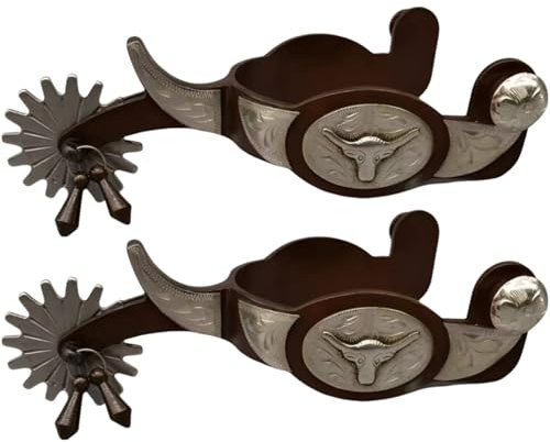 Texvora Espuelas vaqueras talladas a mano, 2 unidades, 18 x 15 x 9,9 cm, metal bronce, con protector de vástago para montar