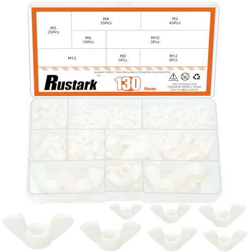 Rustark 130 Stück 7 Größen Nylon Flügelmuttern Sortiment Kit M3 M4 M5 M6 M8 M10 Weiß Flügelmutter Metrisch Schmetterlingsmuttern Flügelschrauben für Industriemaschinen Heimwerker DIY Tools