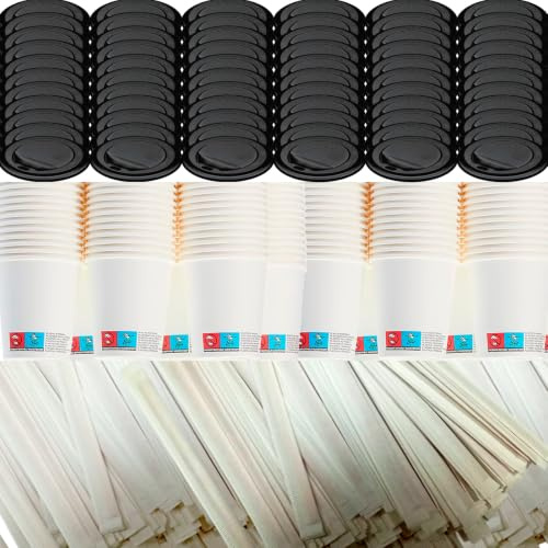 Adri Vasos de café desechables con o sin tapadera y paletinas de madera agitadores envueltas individual, bebidas frias o calientes, blancos o decorados. (100, Blanco con tapa, Grande 200 ml)