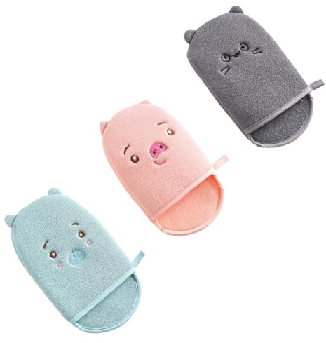 FOYTOKI 3pcs Cartoon Bath Scrubbing Gloves Set, Supple Bathroom Shower Mitts for Body Cleaning, Exfoliating Bath Gloves with Soft Texture in Grey, Blue, and Pink for Home Shower Use