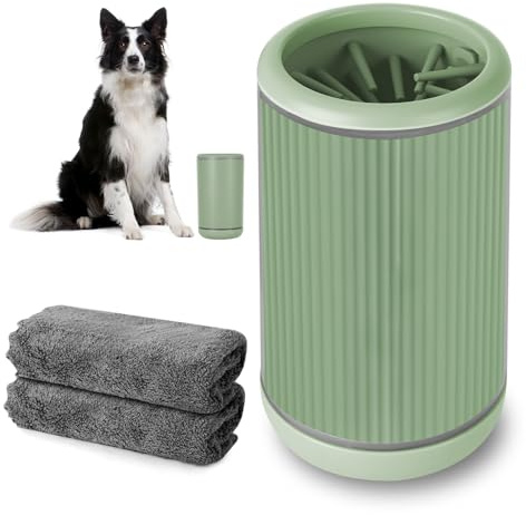 Vicloon Nettoyeur Pattes pour Chien, Lave Patte Boueuse avec Brosse et 2 Serviettes Absorbantes, Brosse Kit de Nettoyage de Pattes pour Chien Chat (L, Vert)