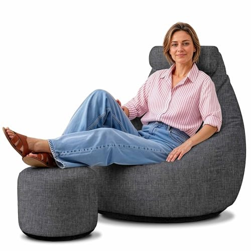 DreamRoots Sitzsack Outdoor Oxford wetterfest Erwachsene, Grau | Bean Bag, Oxford 240 g/m² Leinenoptik, 8000 mm Wassersäule, UV-beständig, rutschfest, mit Füllung & Hocker