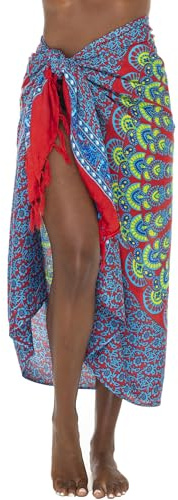 SHU-SHI - Beach Sarong - for Women - Bikini/Swimsuit Wrap & Clip - Mandala Peacock - One Size - Red