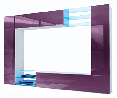 Vladon Wohnwand Mirage, Made in Germany, Anbauwand mit Rückwand mit 2 Türen, 2 Klappen und 6 offenen Glasablagen, Weiß matt/Brombeer Hochglanz, inkl. LED-Beleuchtung (262 x 183 x 39 cm)