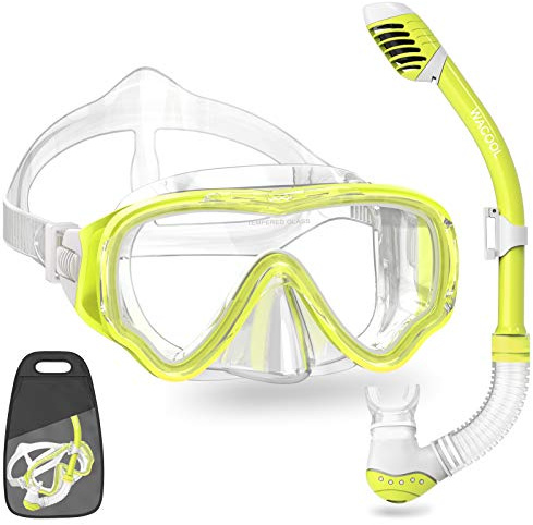 WACOOL Snorkeling Snorkel Diving Scuba Package Set Gear for Kids Youth Junior Anti-Fog Coated Glass with Silicon Mouth Piece Purge Valve and Anti-Splash (Yellow)