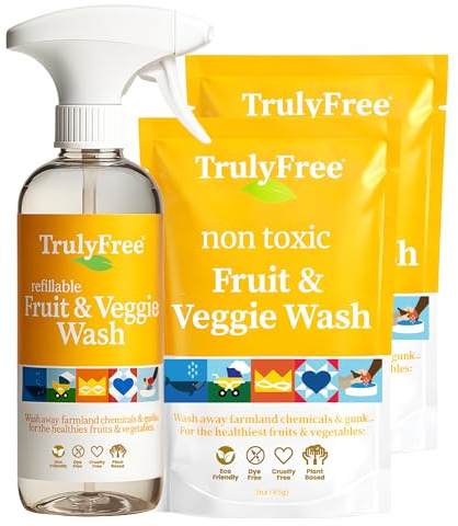 Truly Free Nettoyant aux fruits et légumes – Nettoyant végétarien élimine 99 % de la saleté et de la cire | Spray nettoyant à base de plantes | Sans arrière-goût, rechargeable, fabriqué aux États-Unis