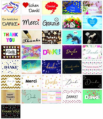 Clever Pool Dankeskarten 36 Stk. - Postkarten Set zum Danke sagen – Grußkarten als Danksagungskarte für alle Anlässe – Dankeskarten Set - hochwertig verarbeitet - schöne Farben - DIN A6