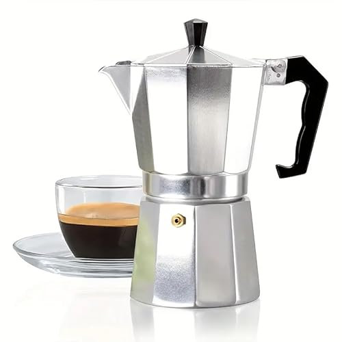 CABLEPELADO Cafetera Moka manual de aluminio, cafetera italiana, Macchinetta, Cafetera Express, Válvula de Seguridad, Apta para Vitrocerámica, Gas, Eléctrica, 14 cm altura, Capacidad 2 tazaS