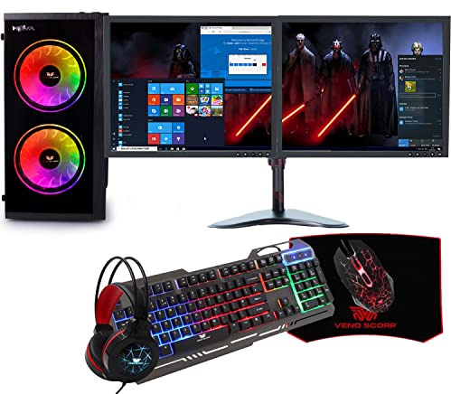 Veno Scorp ARGB Gaming PC i5, 240GB SSD, 500GB HDD, 8GB RAM, GT730 2GB, Dual 19” Monitors + 4-in-1 Bundle, Win 11, Wifi (Renewed)