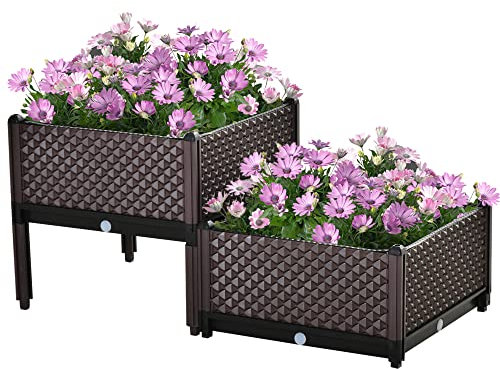 Outsunny 50cm x 50cm x 46.5cm Set of 2 41L Plastic Raised Garden Bed, Planter Box, Flower Vegetables Planting Container with Self-Watering Design and Drainage Holes for Patio Balcony
