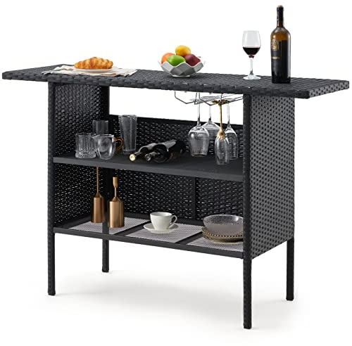 ECOTOUGE Black Wicker Bar Table, Outdoor Patio Console Table Serving Table, Mini Outdoor Bar Patio Counter with Steel Shelves & Hanging Wine Glasses, Ideal for Garden, Backyard