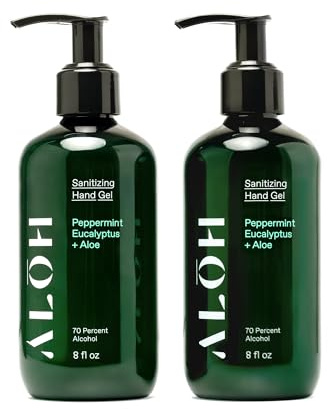 ALŌH Sanitizing Hand Gel 2-pack | Peppermint Eucalyptus + Aloe | 70% Alcohol Hydrating Hand Sanitizer Gel with Essential Oil, for Kids & Adults | 8oz Bottle (Set of 2)
