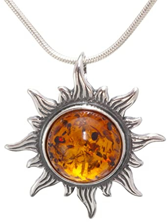 LIGURIUS NATURAL BALTIC AMBER STERLING SILVER 925 NECKLACE PENDANT Gemstone Cognac Small Sun Pendant For Women & Silver Adjustable CHAIN Snake 45cm - 50 cm, Gift set