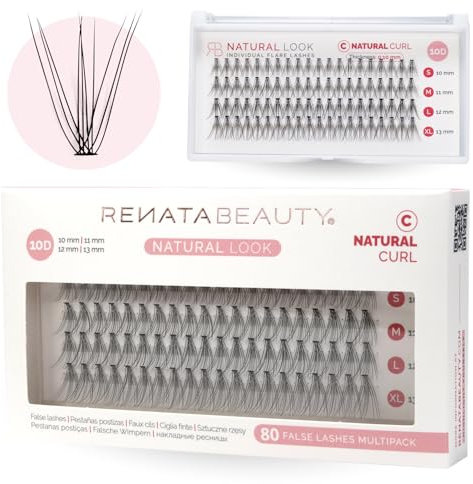 Renata Beauty 10D NATURAL Look [C Curl] Kit Extension Individual Ciglia Finte Ciuffetti – Confezione da 80 10-13mm, Naturali Fai Da Te – Banda Trasparente