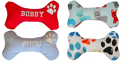 Handmade Welpen Hunde Spielzeug Hundespielzeug Quitscher Knochen Pfote mit Name Bestickt personalisiert (Blau)