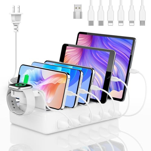 Honcila Charging Station for Multiple Devices, 6 Port 50W Fast Multi Charger Station Charging Dock with 6 Mixed Charging Cables for iPhone, iPad, Kindle, Tablet, Cellphone and Others