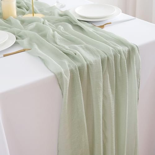 DROMCOM 2-stück Tischläufer Salbeigrün Seihtuch, 300 x 80 cm Musselin Tischdeko, Grün Boho Gaze Dekostoff, Rustikal Käsetuch Waschbar für Hochzeit, Geburtstag Party, Taufe