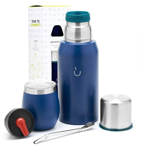 BALIBETOV Kit de yerba mate: incluye 1 taza, 1 popote y 1 termo con 2 tapones. Calabaza de acero inoxidable Yerba Mate, tapa azul