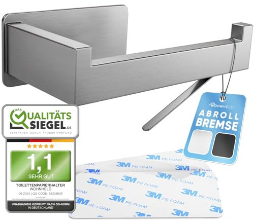 WOHNHELD® Toilettenpapierhalter ohne Bohren | Mit Abroll-Bremse | Extrem stabile Klebemontage | Edelstahl WC Klopapierhalter Silber | Rechts geöffnet