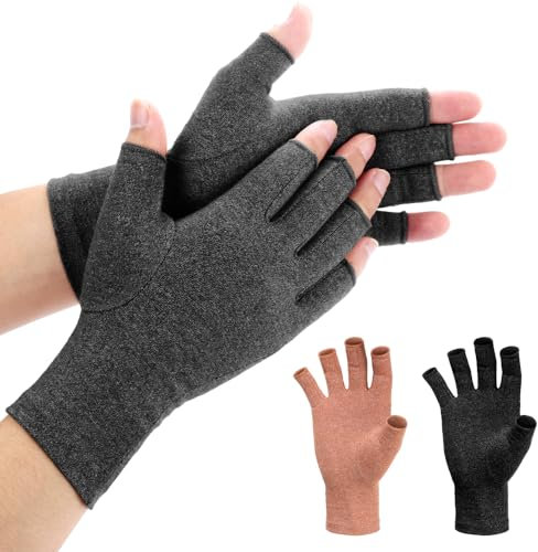 Duerer 3 paia di guanti per artrite, guanti a compressione per alleviare il dolore alle mani, guanti senza dita per uomo donna (Nero + Grigio + Marrone, L)