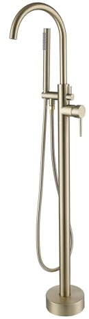 FreistehendeWannenarmaturGebürstetesGold,BadewannenarmaturAusMessing360°SchwenkbarBadezimmerarmatur Bodenmontage Mit Handbrause Für Wanne, Freistehende Badewanne Standarmatur (Gebürstetes Gold-B)
