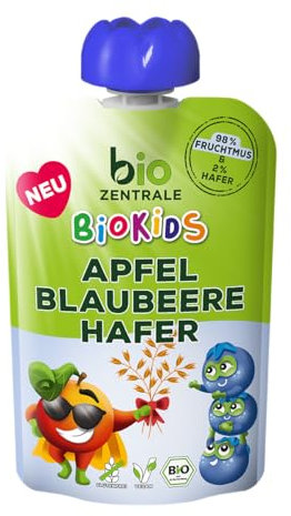 biozentrale BioKids Quetschies Apfel Banane Blaubeere Hafer | 12 x 90g | Veganer Frucht-Hafer-Snack | Fruchtmus ohne Kristallzuckerzusatz