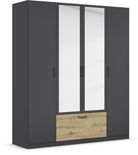 Rauch Möbel Bari, Drehtürenschrank, 4-türig, Kleiderschrank Grau-Metallic/Eiche Artisan, 1 Schublade, mit Spiegel, 181x210x54cm