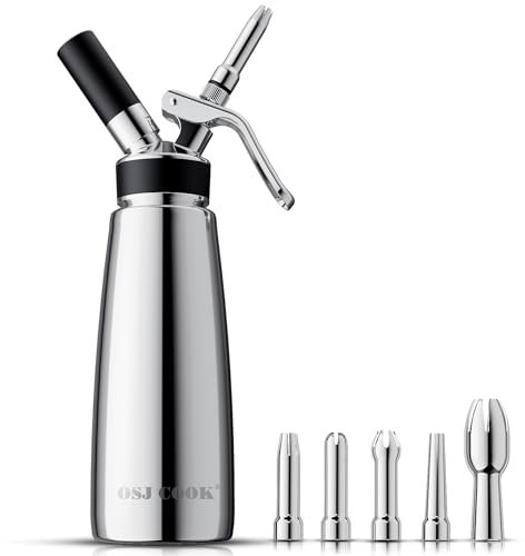 OSJCOOK Whipped Cream Dispenser Stainless Steel Cream Whipper Mirror Finish,500 mL/1 Pint Professional Cream Maker,5 Various Stainless Decorating Nozzles,1 Cleaning Brush,N2O Chargers NOT included