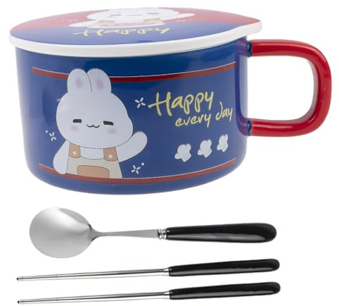 lachineuse - Sofortige Nudelschüssel – asiatische Ramenschale – Porzellan – Motiv Kaninchen – 1000 ml – Deckel & Besteck – Frühstück, Suppe, Reis – Geschenkidee Asien Japan China – Dunkelblau