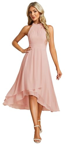 Ever-Pretty Abito Cerimonia Donna Spalle Scoperte Pieghe High Low Senza Maniche Chiffon al Ginocchio Abito da Ospite Orlo Irregolare Comodo EG31926