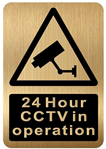 METAL 24 Hour CCTV In Operation Sign Brushed Gold Aluminium WITH IMAGE Warning Camera Recording Door Notice Office Shop Warehouse School Cafe Restaurant Pub Business Hotel Premises LARGE MS32