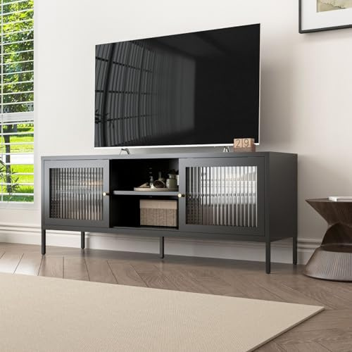 Coemo Modernes Sideboard 'Tokio', Schwarz, Kommode für Fernseher, HiFi | Praktisches Lowboard für Wohn- oder Schlafzimmer, Metall TV-Schrank mit Regalablage und schiebbaren Glastüren, Bücher