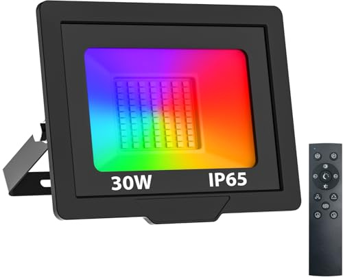 nipify RGBW Focos Led Exterior, 30W 3000K-6500K Regulable, Foco Proyector Led Exterior con Temporizada, RGB 7 Modos, Iluminación de Seguridad para Jardín, Patio, Garaje