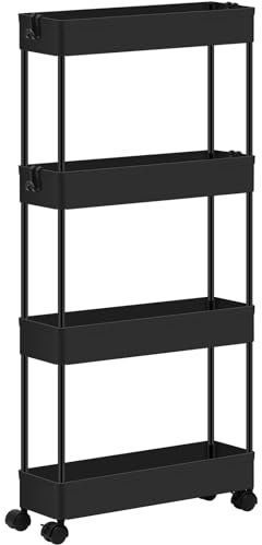 Klihome Servierwagen 4 Ebenen, Rollwagen schmal, Küchenwagen mit Rollen, Nischenwagen mit ausgehöhlten Körben, Rollregal für Küche Wohnzimmer Badezimmer, aus Kunststoff, Schwarz
