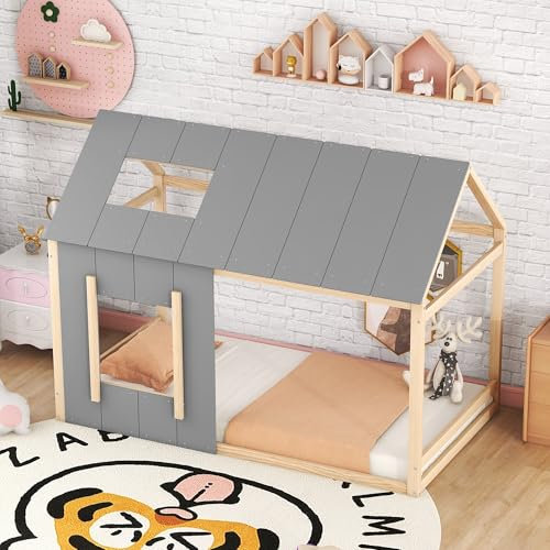 TIZZ Kinderbett, Einzelhaus-Flachbett,Kinderbett in Hausform,mit Dach und Fenster,90 x 200cm (Natur + Grau)