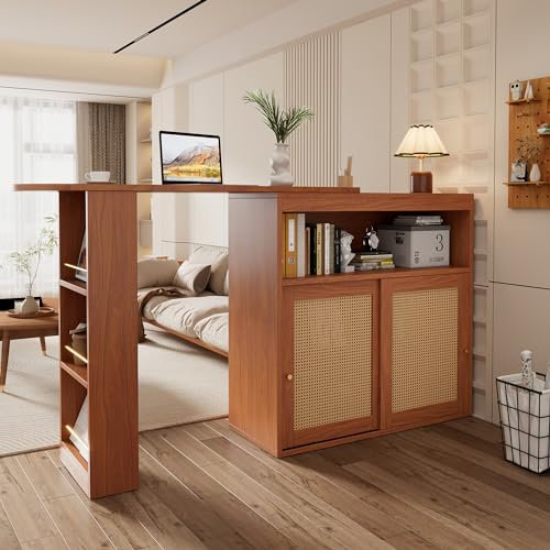 Moimhear 138 – 193 × 39 × 104 cm, mesa de bar extensible con espacio de almacenamiento, mimbre de ratán en los frentes de la puerta, estantes ajustables, mesa alta de bistró, mesa alta de cocina, mesa