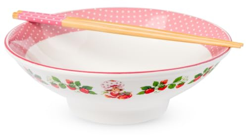 Silver Buffalo Strawberry Shortcake Vintage Berries and Polka Dots Ceramic Ramen Bowl with Chopsticks, 30 Ounces
